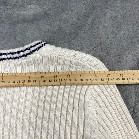 Vintage Sweater Ribbed Knit Striped V-Neck Varsity Cream Navy Sz S Tennis Preppy - Picture 6 of 10